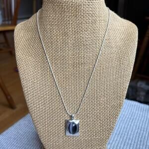 Silver Tone Cat Eye Pendant Necklace Black Glass Stone Modern
